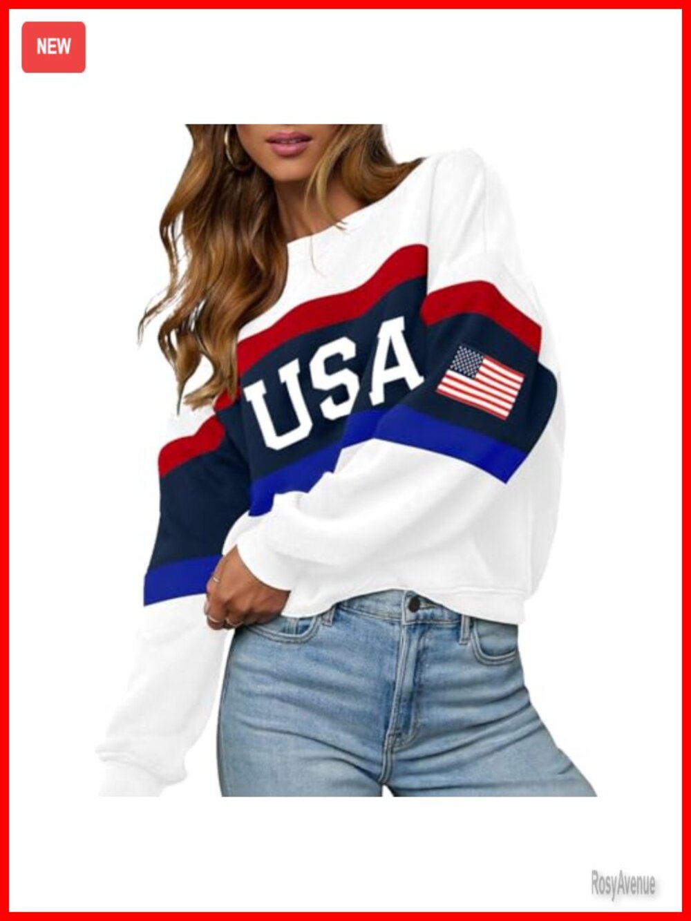 Women USA Sweatshirt Long Sleeve Crewneck American Flag Loose Fit Pullover
